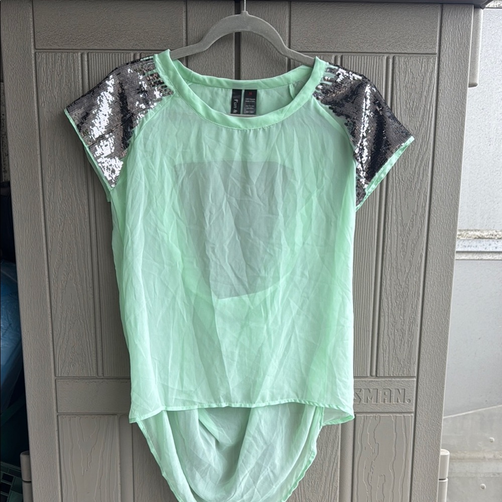 Fun & Flirt Silver Sequin Asymmetrical Green Tee